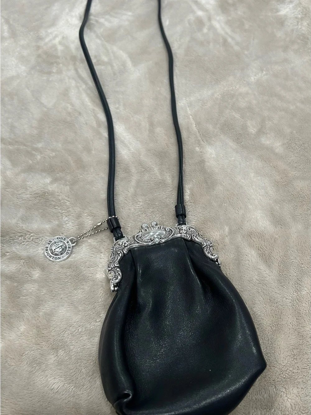 Brighton Black Leather Crossbody with Ornate Silver Frame and Charm